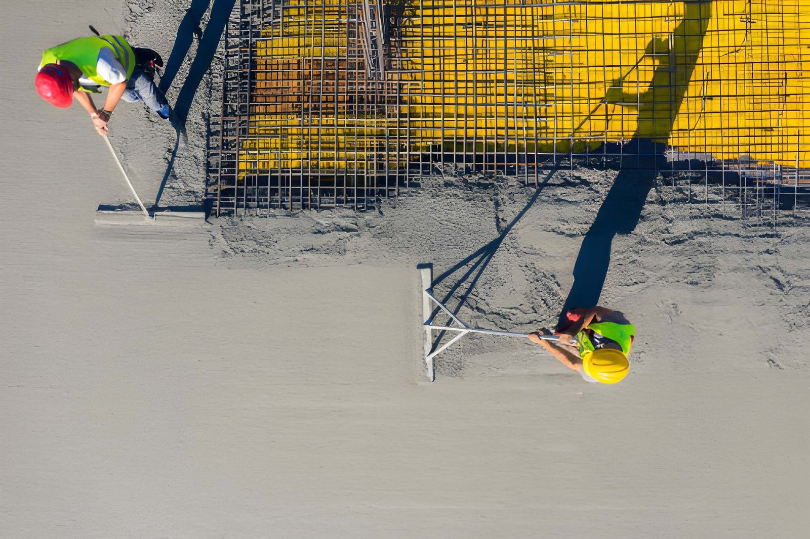 Workers screeding fresh concrete over reinforcement